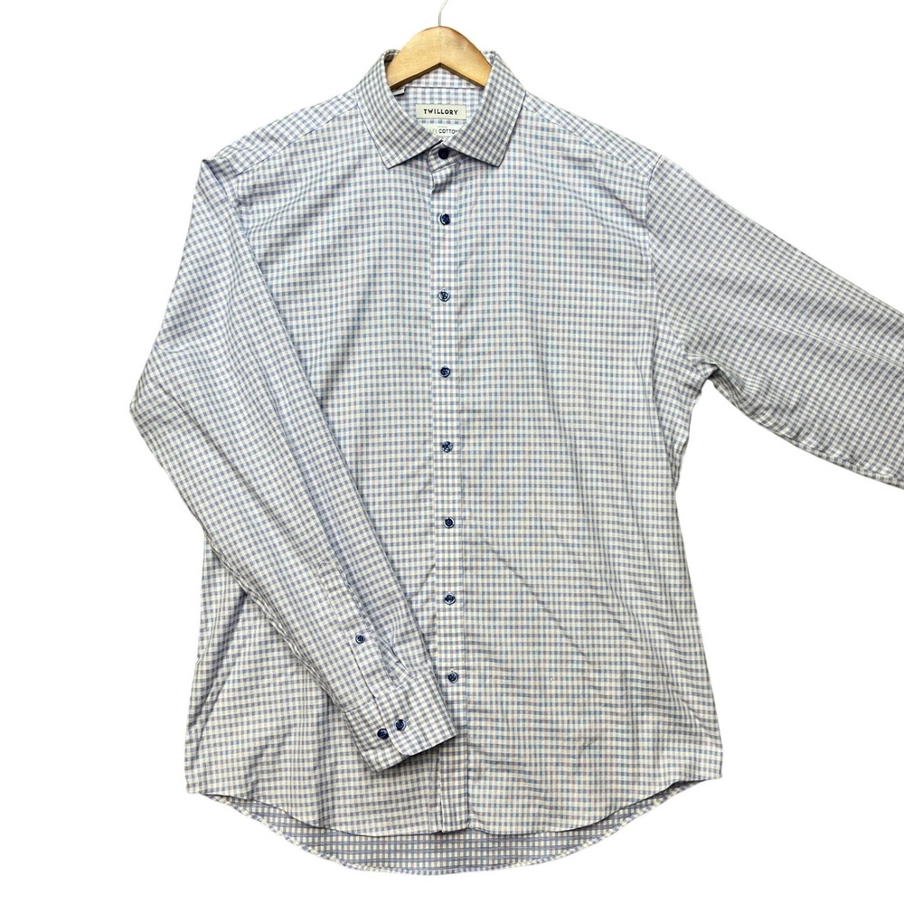 Twillory Button Down Dress Shirt Mens 17 36/37 Blue Gingham Long Sleeve Stretch